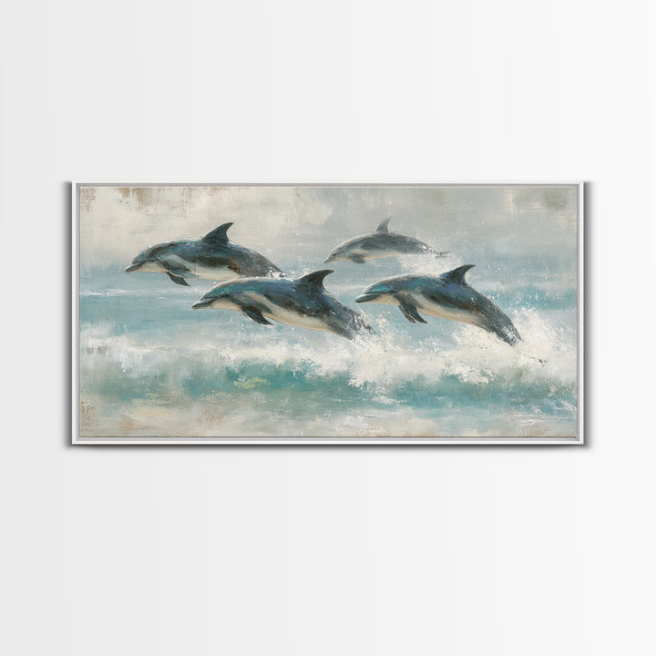 Dolphins Leaping Through Sunlit Waves Framed Canvas Print, Marine Life Art, Coastal Art, Living Room Decor, Fine Art, Marine, MLA-2x1-3