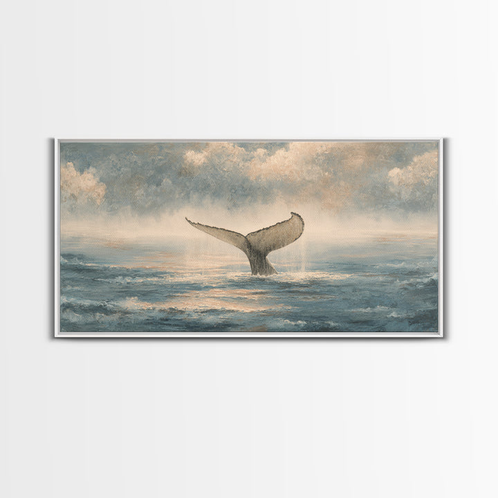 Whale Tail Rising from Misty Ocean Framed Canvas Print, Marine Life Art, Neutral Decor, Living Room Decor, Fine Art, Marine, MLA-2x1-46