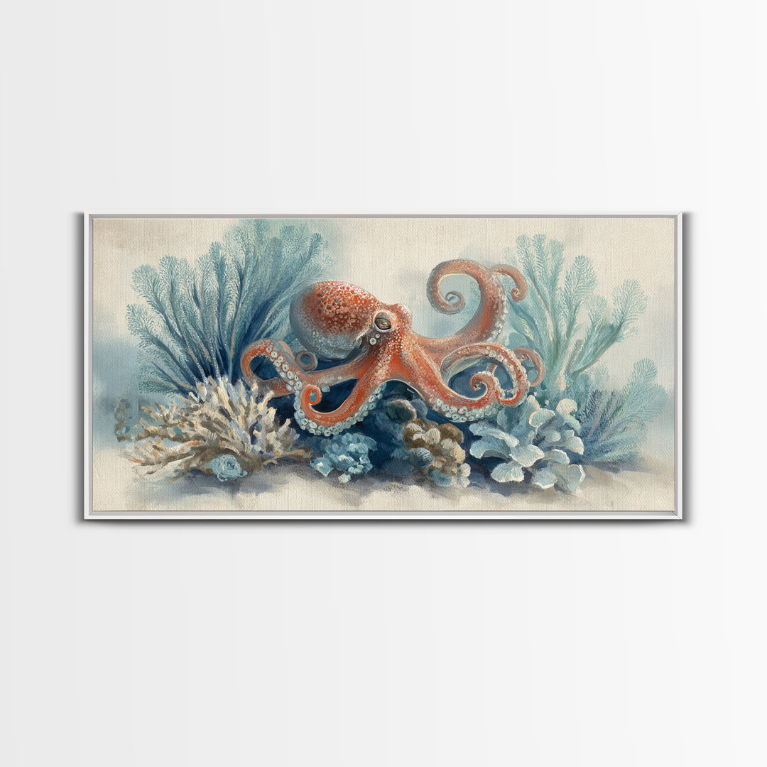 Octopus Curling Around Coral Canvas Print, Marine Life Art, Beach Decor, Living Room Decor, Oil Painting, Marine, Ocean Decor, MLA-2x1-47