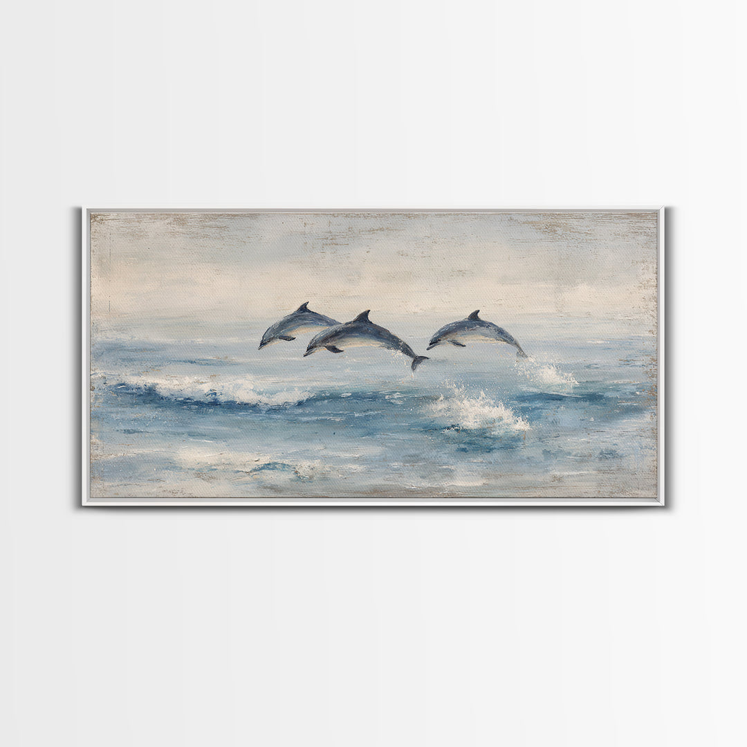 Dolphins Leaping Through Sunlit Waves Framed Canvas Print, Marine Life Art, Coastal Art, Living Room Decor, Watercolor Art, MLA-2x1-51