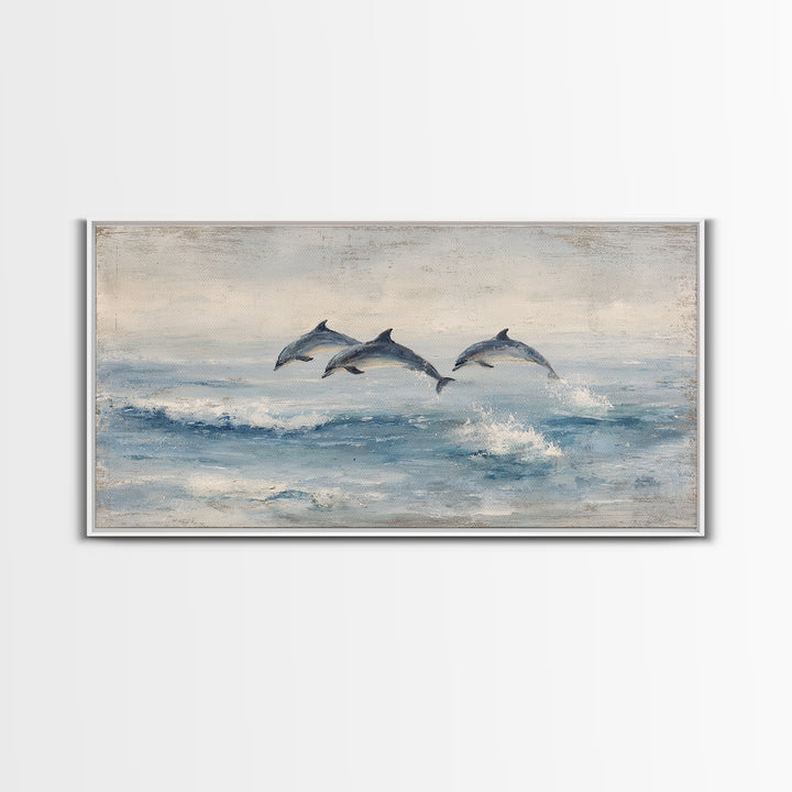 Dolphins Leaping Through Sunlit Waves Framed Canvas Print, Marine Life Art, Coastal Art, Living Room Decor, Watercolor Art, MLA-2x1-51