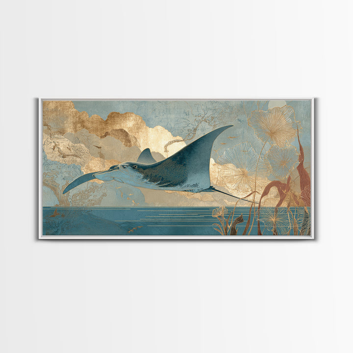 Manta Ray Flying Through Underwater Light Canvas Print, Marine Life Art, Statement Artwork, Living Room Decor, Fine Art, Marine, MLA-2x1-58