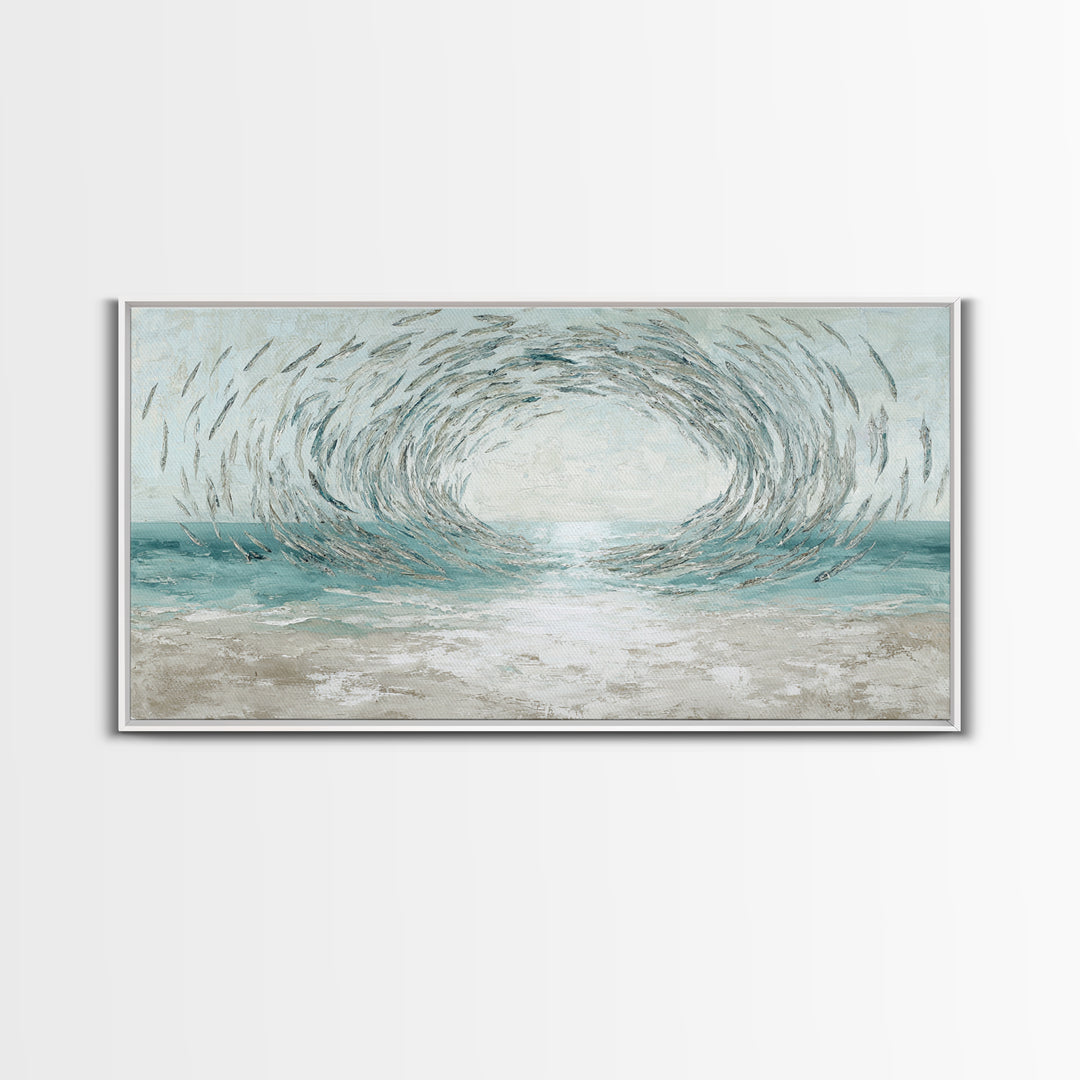 School of Fish Forming a Silver Spiral Framed Canvas Print, Marine Life Art, Coastal Art, Living Room Decor, Fine Art, Marine, MLA-2x1-72