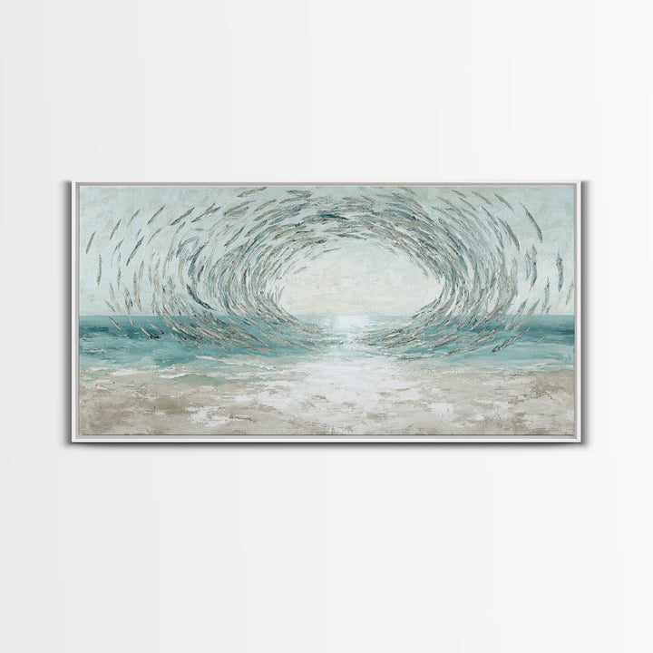 School of Fish Forming a Silver Spiral Framed Canvas Print, Marine Life Art, Coastal Art, Living Room Decor, Fine Art, Marine, MLA-2x1-72