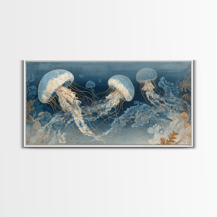 Jellyfish Floating in Luminous Dark Water Canvas Print, Marine Life Art, Art Print, Living Room Decor, Watercolor Art, Marine, MLA-2x1-74