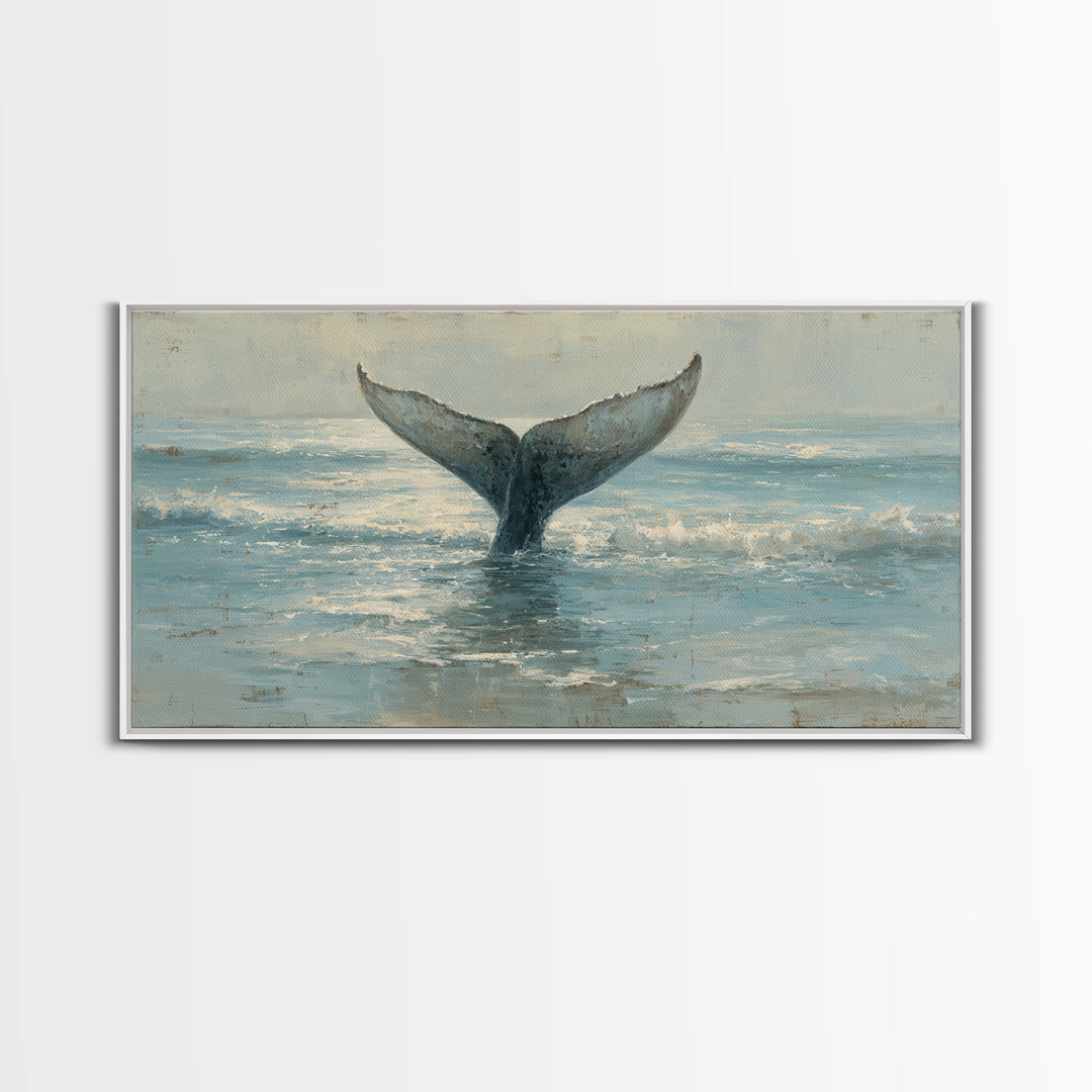 Whale Tail Rising from Misty Ocean Canvas Print, Marine Life Art, Luxury Decor, Living Room Decor, Oil Painting, Marine, MLA-2x1-94
