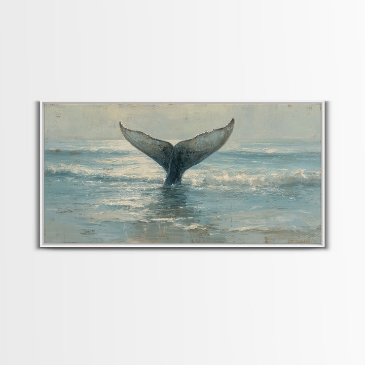 Whale Tail Rising from Misty Ocean Canvas Print, Marine Life Art, Luxury Decor, Living Room Decor, Oil Painting, Marine, MLA-2x1-94