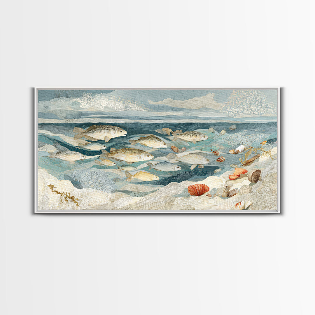 School of Fish Forming a Silver Spiral Framed Canvas Print, Marine Life Art, Ocean Decor, Living Room Decor, Oil Painting, MLA-2x1-96