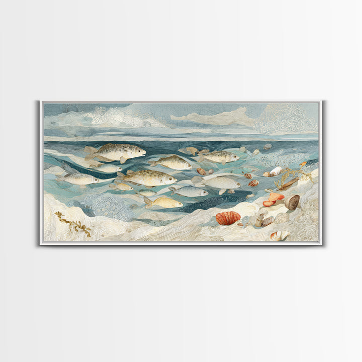 School of Fish Forming a Silver Spiral Framed Canvas Print, Marine Life Art, Ocean Decor, Living Room Decor, Oil Painting, MLA-2x1-96