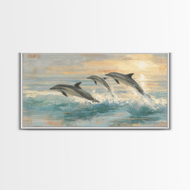 Dolphins Leaping Through Sunlit Waves Framed Canvas Print, Marine Life Art, Coastal Art, Living Room Decor, Fine Art, Marine, MLA-2x1-99