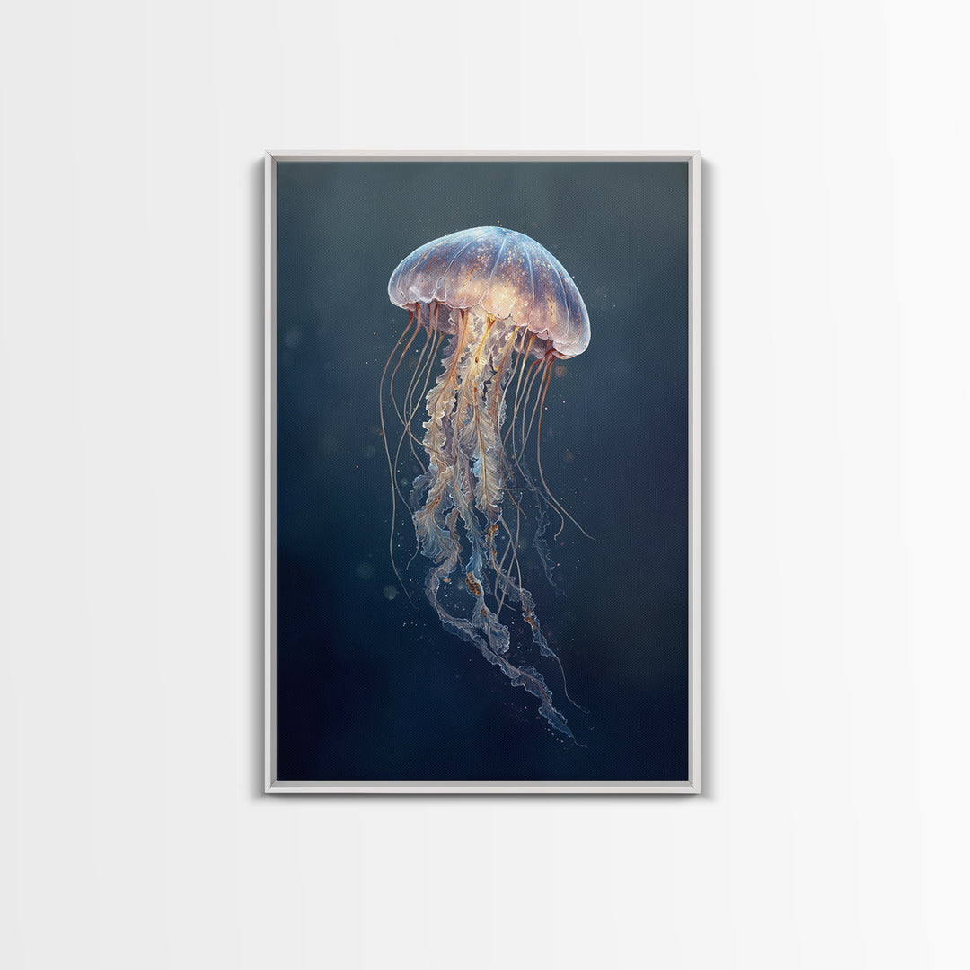 Jellyfish Floating in Luminous Dark Water Canvas Print, Marine Life Art, Handmade Art, Living Room Decor, Oil Painting, Marine, MLA-2x3-14