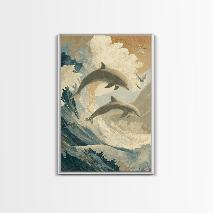 Dolphins Leaping Through Sunlit Waves Canvas Print, Marine Life Art, Surf Poster, Living Room Decor, Fine Art, Marine, MLA-2x3-15