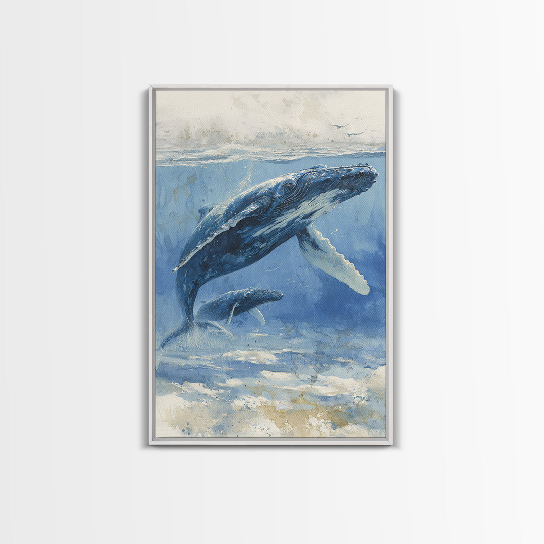 Humpback Whale and Calf Framed Canvas Print, Marine Life Art, Tropical Wall Art, Living Room Decor, Fine Art, Marine, MLA-2x3-26