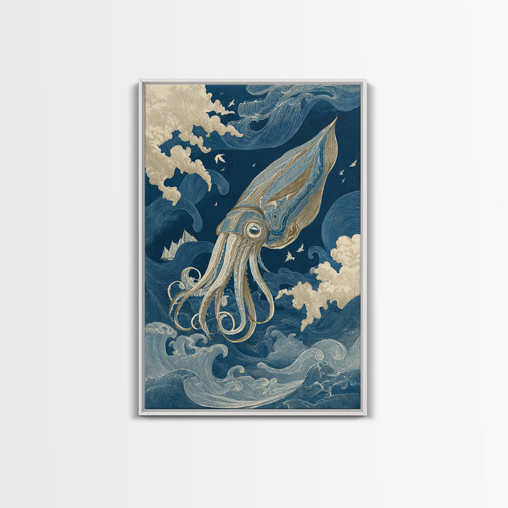 Squid in a Mysterious Midnight Sea Canvas Print, Marine Life Art, Ocean Wall Art, Living Room Decor, Watercolor Art, Marine, MLA-2x3-27
