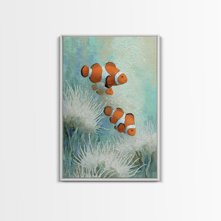 Clownfish Around Anemone Tentacles Framed Canvas Print, Marine Life Art, Textured Painting, Living Room Decor, Fine Art, Marine, MLA-2x3-28