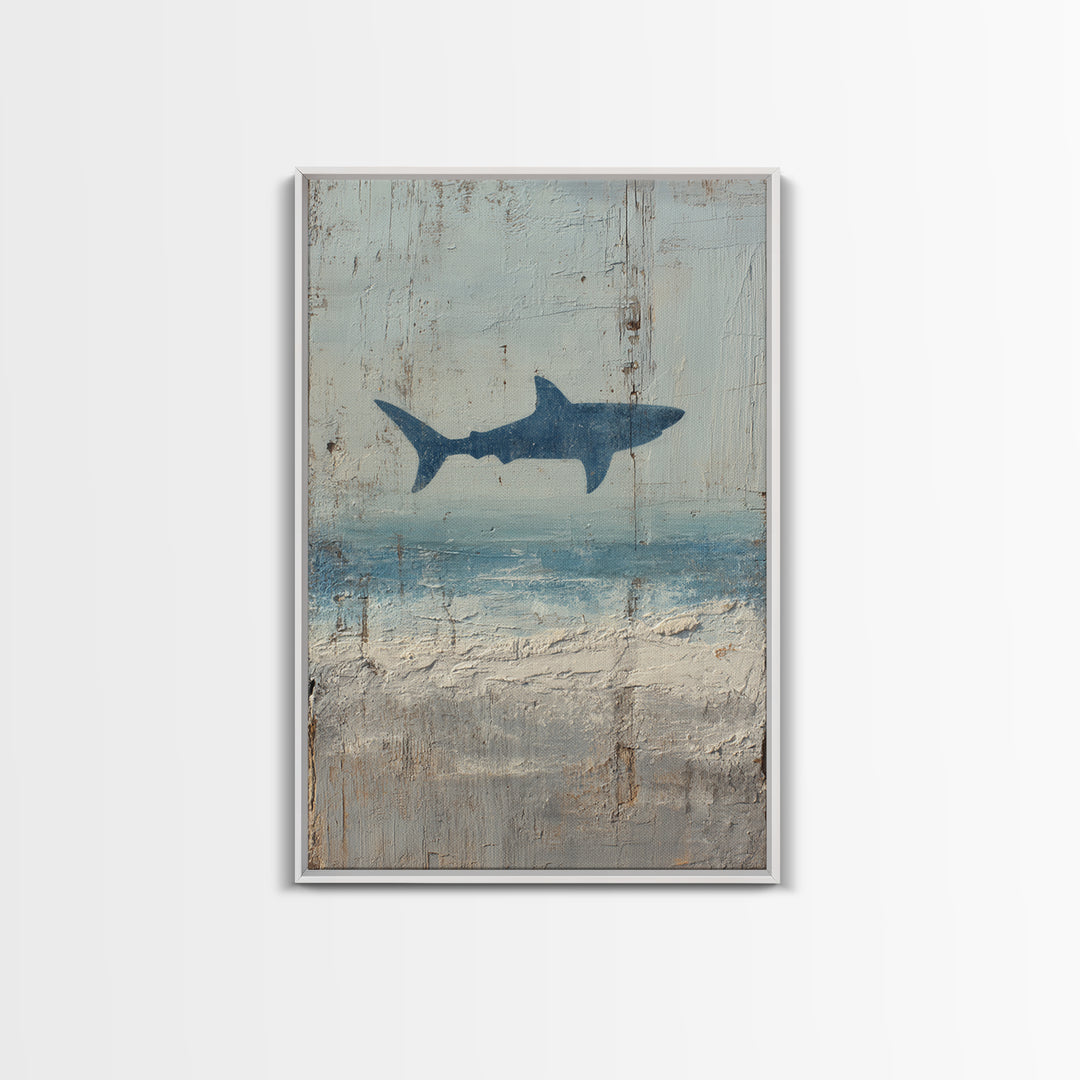 Shark Silhouette in Deep Blue Light Framed Canvas Print, Marine Life Art, Nautical Wall Art, Living Room Decor, Watercolor Art, MLA-2x3-44