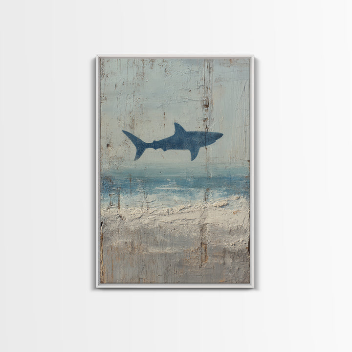 Shark Silhouette in Deep Blue Light Framed Canvas Print, Marine Life Art, Nautical Wall Art, Living Room Decor, Watercolor Art, MLA-2x3-44