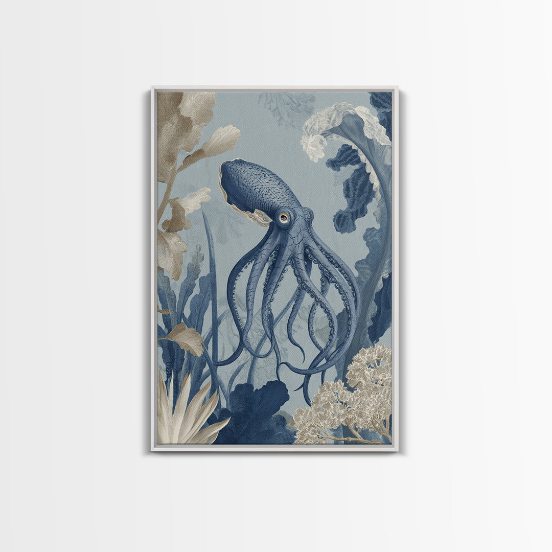 Squid in a Mysterious Midnight Sea Framed Canvas Print, Marine Life Art, Ocean Decor, Living Room Decor, Oil Painting, Marine, MLA-2x3-51