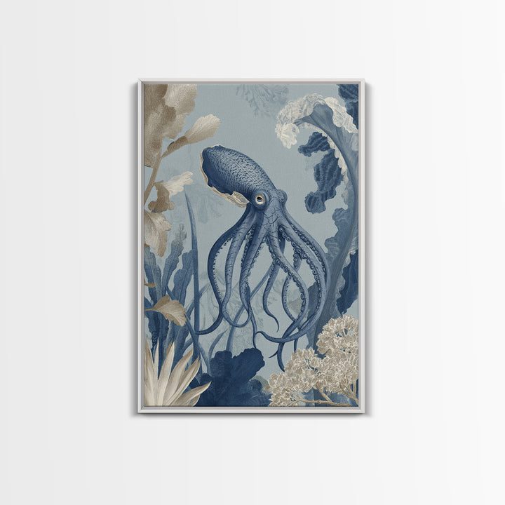 Squid in a Mysterious Midnight Sea Framed Canvas Print, Marine Life Art, Ocean Decor, Living Room Decor, Oil Painting, Marine, MLA-2x3-51