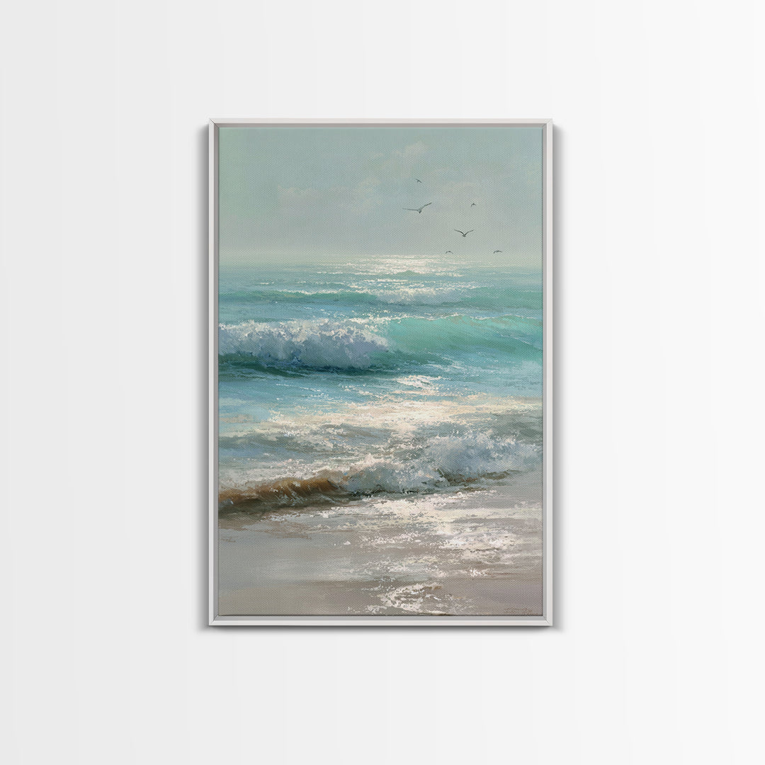 Dolphins Leaping Through Sunlit Waves Framed Canvas Print, Marine Life Art, Ocean Painting, Living Room Decor, Watercolor Art, MLA-2x3-63