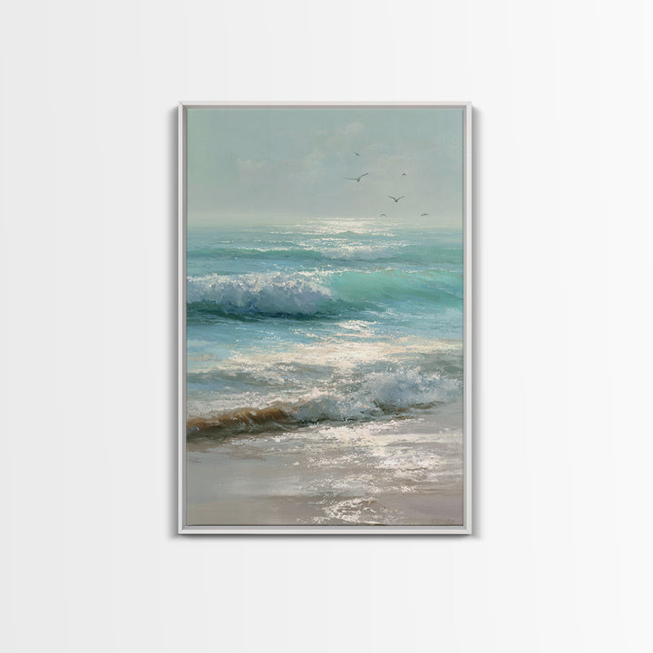 Dolphins Leaping Through Sunlit Waves Framed Canvas Print, Marine Life Art, Ocean Painting, Living Room Decor, Watercolor Art, MLA-2x3-63
