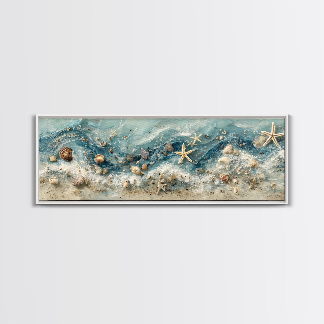 Starfish and Shells Natural Specimen Layout Framed Canvas Print, Marine Life Art, Coastal Art, Living Room Decor, Marine, MLA-3x1-53