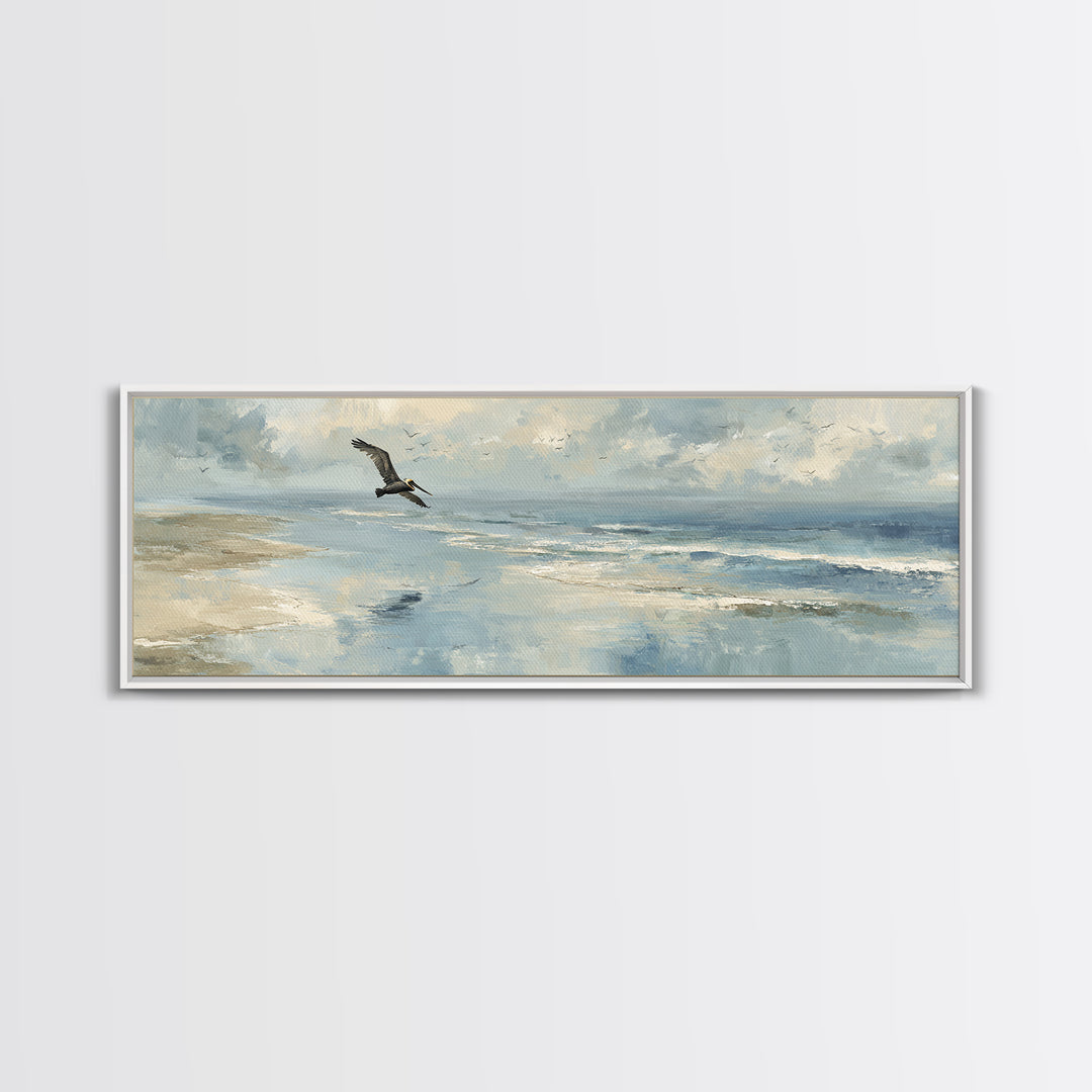 Pelican Diving Toward Fish Near Surface Framed Canvas Print, Marine Life Art, Neutral Decor, Living Room Decor, Marine, MLA-3x1-63
