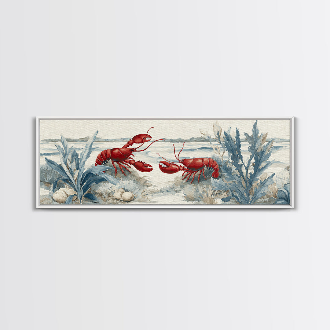 Lobster in Bold Coastal Red Palette Framed Canvas Print, Marine Life Art, Tropical Wall Art, Living Room Decor, Marine, MLA-3x1-7