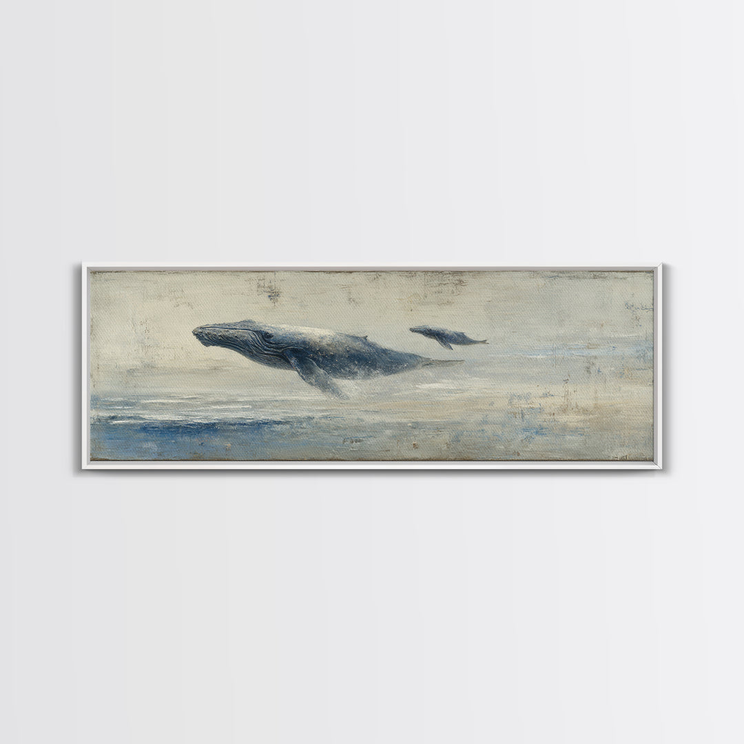 Humpback Whale and Calf Framed Canvas Print, Marine Life Art, Coastal Wall Art, Living Room Decor, Oil Painting, Marine, MLA-3x1-82