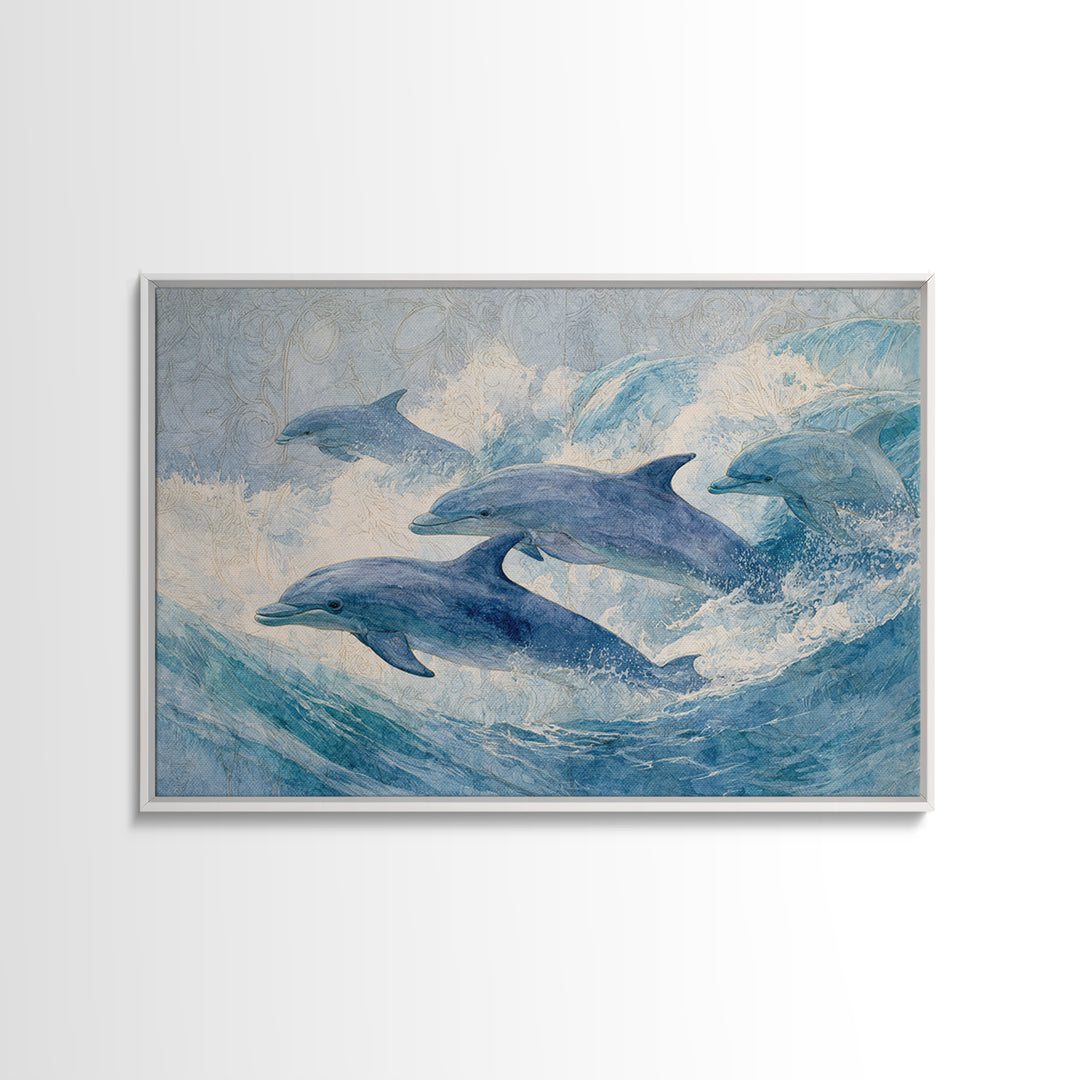 Dolphins Leaping Through Sunlit Waves Canvas Print, Marine Life Art, Minimalist Decor, Living Room Decor, Fine Art, Marine, MLA-3x2-11