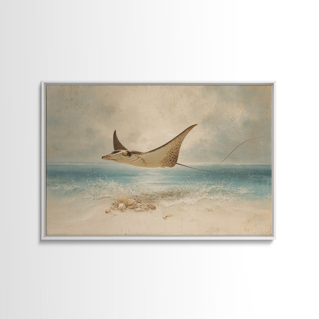 Manta Ray Flying Through Underwater Light Framed Canvas Print, Marine Life Art, Textured Painting, Living Room Decor, Marine, MLA-3x2-18