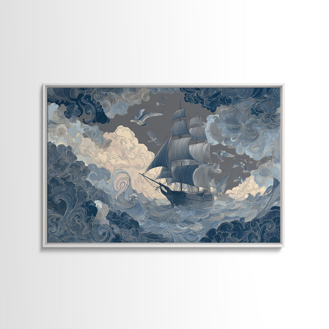Squid in a Mysterious Midnight Sea Framed Canvas Print, Marine Life Art, Room Decor, Living Room Decor, Fine Art, Marine, MLA-3x2-23