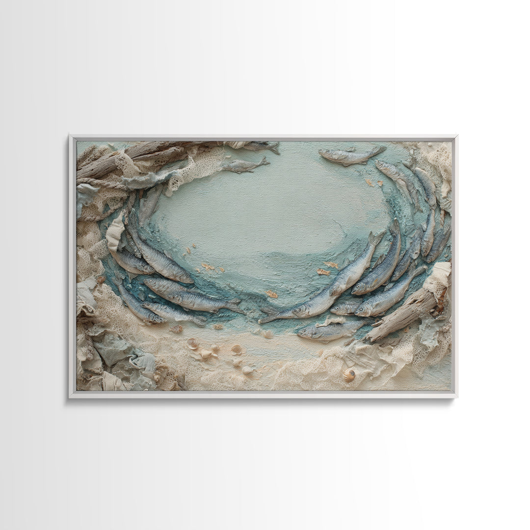 School of Fish Forming a Silver Spiral Canvas Print, Marine Life Art, Minimalist Decor, Living Room Decor, Fine Art, Marine, MLA-3x2-32