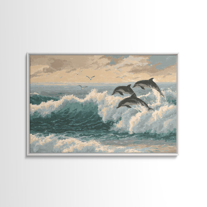 Dolphins Leaping Through Sunlit Waves Framed Canvas Print, Marine Life Art, Original Artwork, Living Room Decor, Oil Painting, MLA-3x2-59