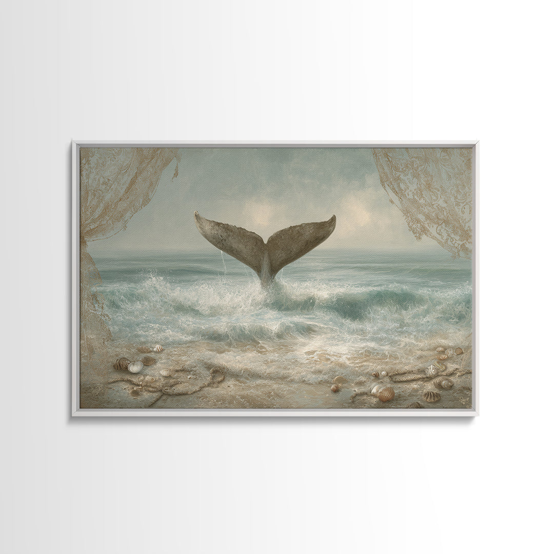 Whale Tail Rising from Misty Ocean Framed Canvas Print, Marine Life Art, Contemporary Art, Living Room Decor, Fine Art, Marine, MLA-3x2-6