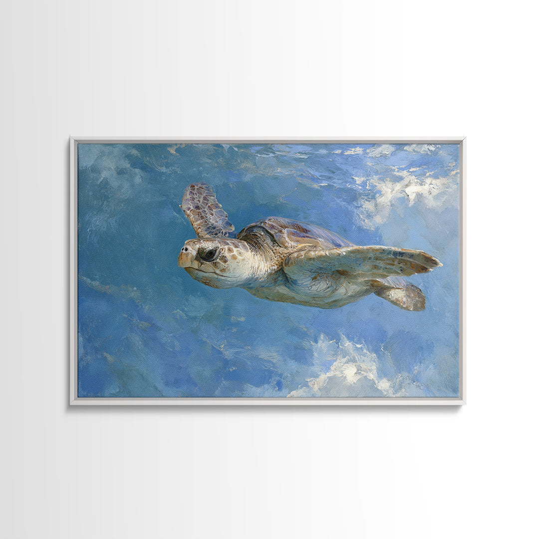 Sea Turtle Gliding Through Clear Blue Water Framed Canvas Print, Marine Life Art, Original Artwork, Living Room Decor, Marine, MLA-3x2-77