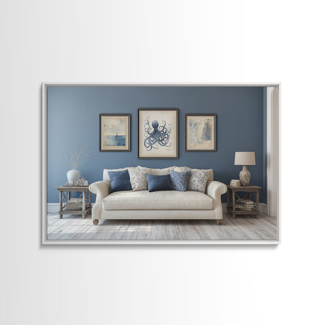 Squid in a Mysterious Midnight Sea Framed Canvas Print, Marine Life Art, Ocean Decor, Living Room Decor, Fine Art, Marine, MLA-3x2-95
