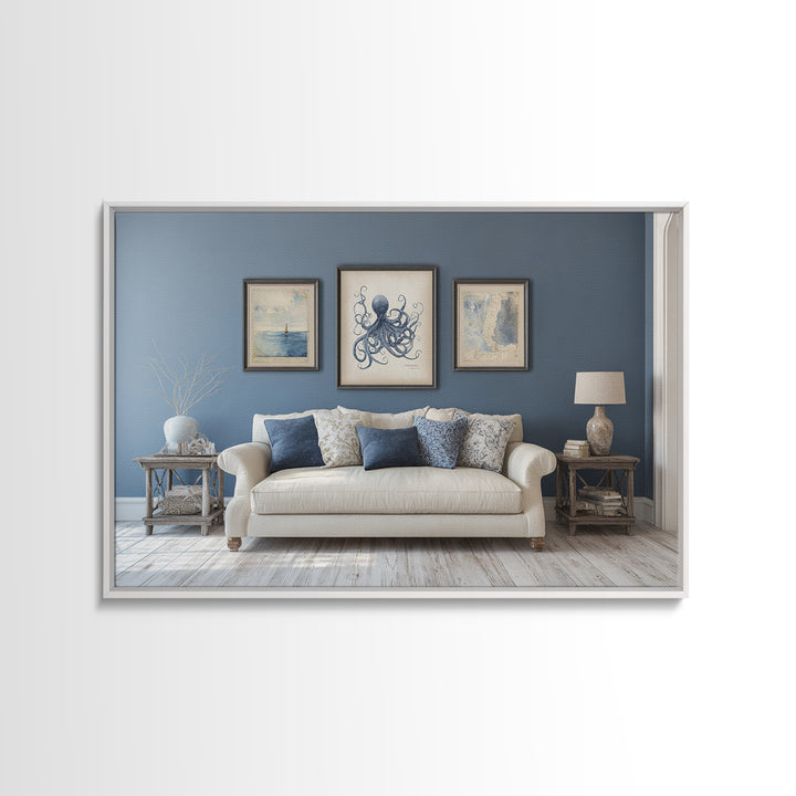 Squid in a Mysterious Midnight Sea Framed Canvas Print, Marine Life Art, Ocean Decor, Living Room Decor, Fine Art, Marine, MLA-3x2-95
