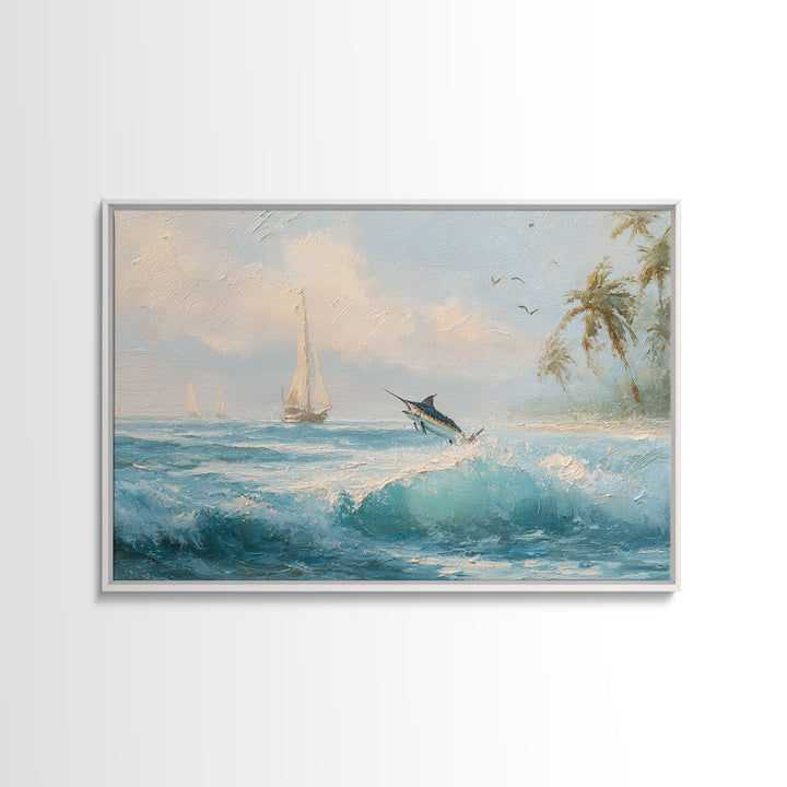 Sailfish Leaping in Dramatic Motion Framed Canvas Print, Marine Life Art, Nautical Wall Decor, Living Room Decor, MLA-3x2-97