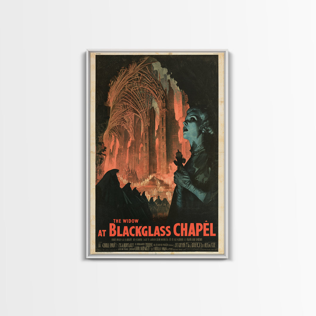 The Widow At Blackglass Chapel, French Horror Film Poster, Retro Gothic Cinema Art, Vintage Halloween Wall Art, Framed Canvas Print
