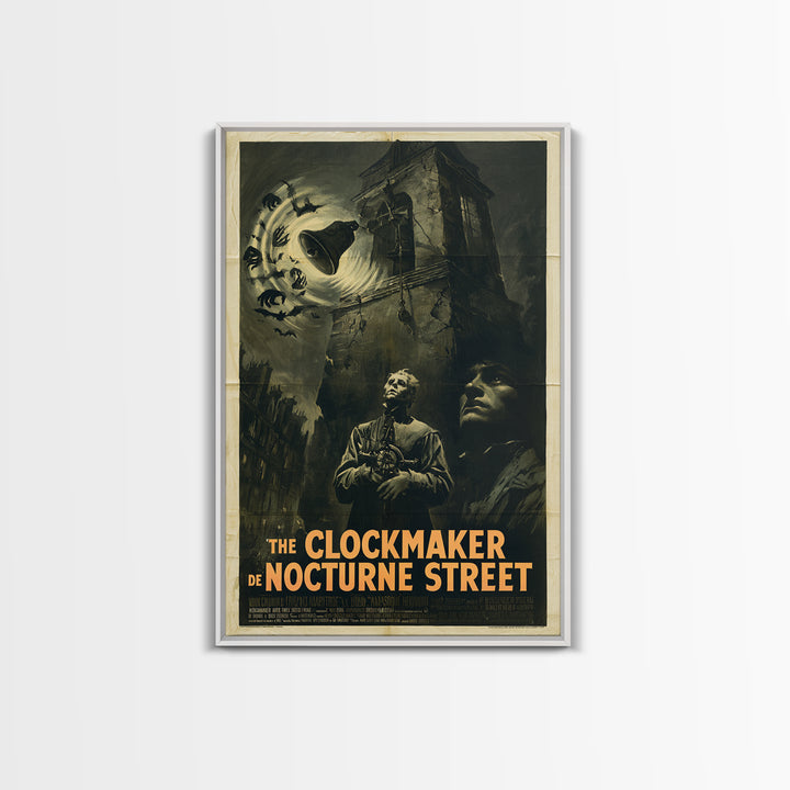 The Clockmaker Of Nocturne Street, French Horror Film Poster, Retro Gothic Cinema Art, Vintage Halloween Wall Art, Framed Canvas Print