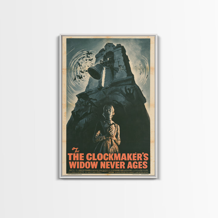 The Clockmaker's Widow Never Ages, French Horror Film Poster, Retro Gothic Cinema Art, Vintage Halloween Wall Art, Framed Canvas Print