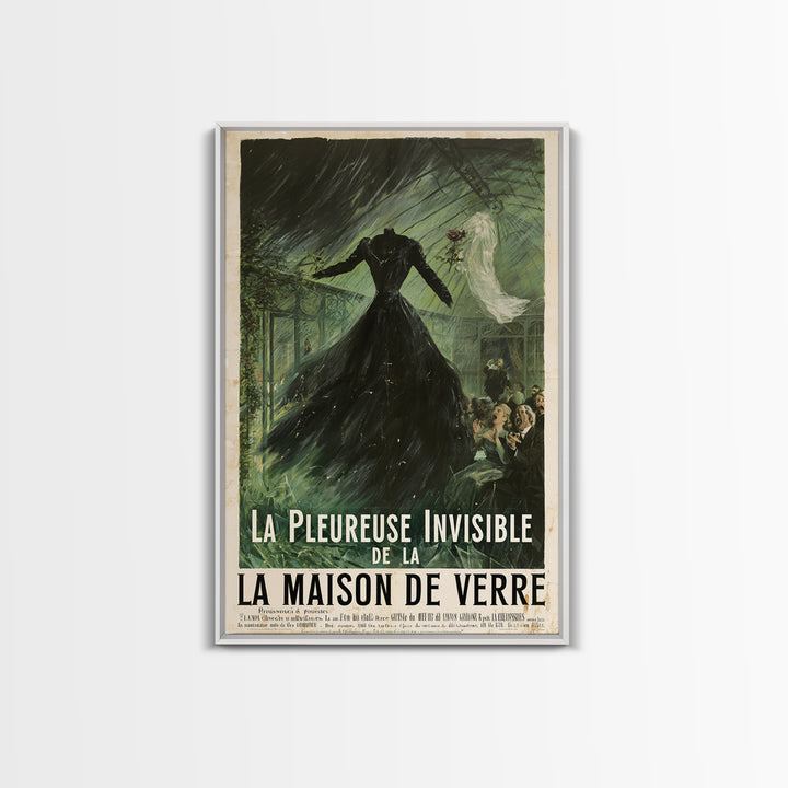 The Invisible Mourner Of Glass House, French Horror Film Poster, Retro Gothic Cinema Art, Vintage Halloween Wall Art, Framed Canvas Print