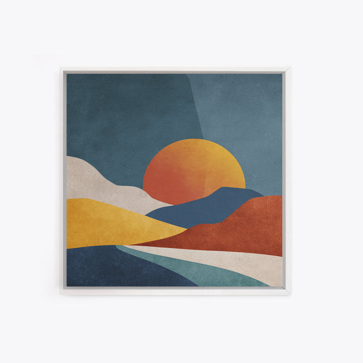 Large Sun and Hill Shapes Framed Canvas Print, Midcentury Modern Art, Textured Painting, Living Room Decor, Abstract Art, Retro, MMA-1x1-29