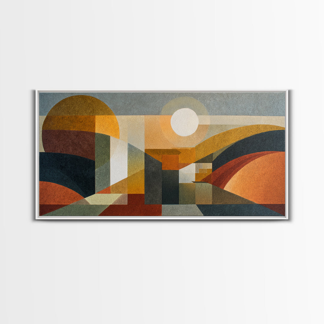 Large Sun and Hill Shapes Framed Canvas Print, Midcentury Modern Art, Art Print, Living Room Decor, Retro, Abstract Wall Art, MMA-2x1-1