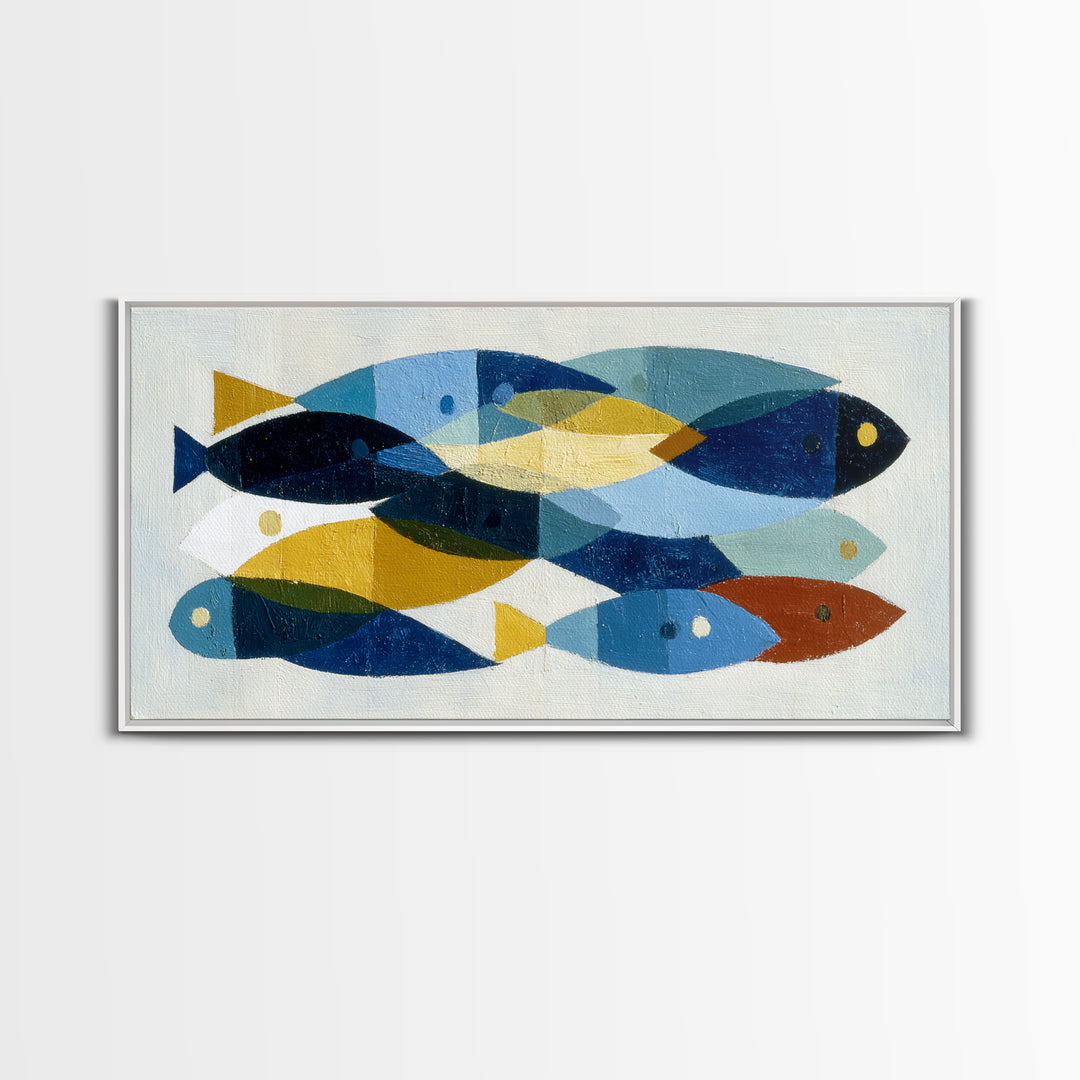 Abstract Fish Shapes Framed Canvas Print, Midcentury Modern Art, Luxury Decor, Living Room Decor, Abstract Art, Retro, MMA-2x1-38