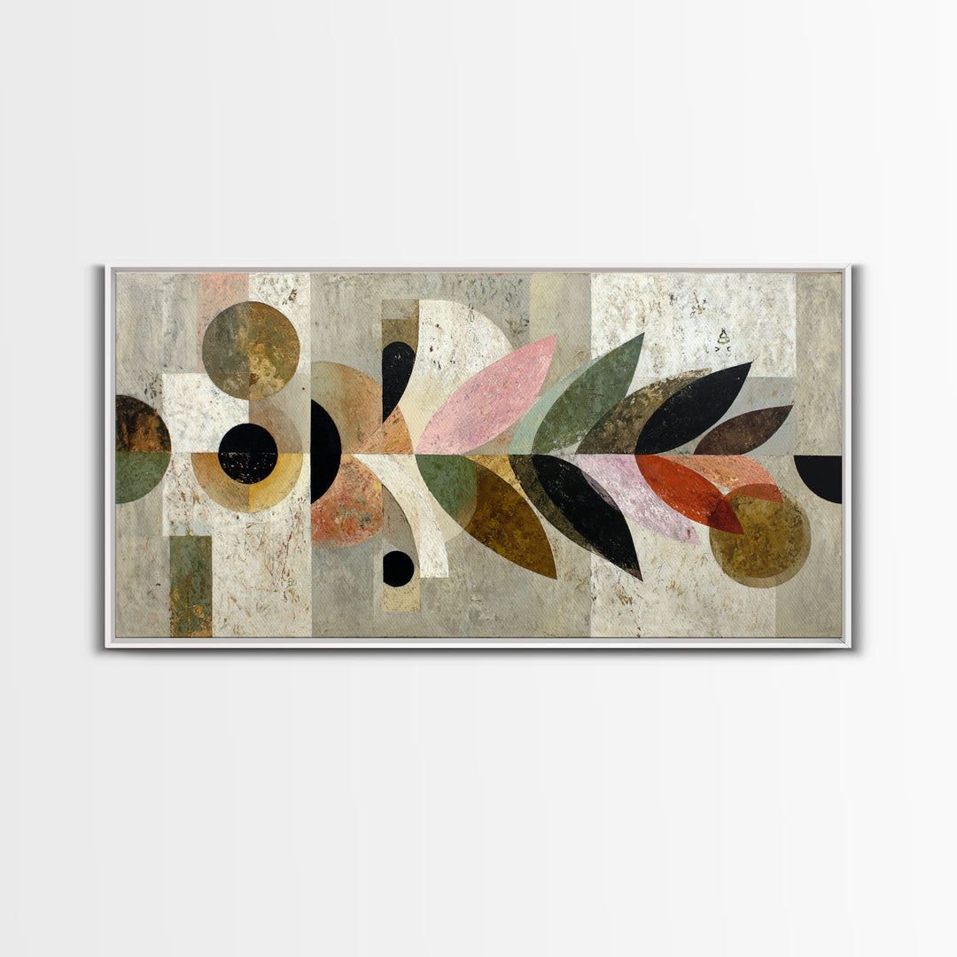 Bird Motif with Playful Geometric Feathers Framed Canvas Print, Midcentury Modern Art, Digital Print, Living Room Decor, Retro, MMA-2x1-80