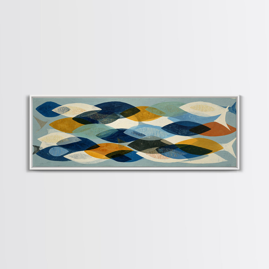 Abstract Fish Shapes Framed Canvas Print, Midcentury Modern Art, Digital Print, Living Room Decor, Retro, Minimalist Wall Art, MMA-3x1-82