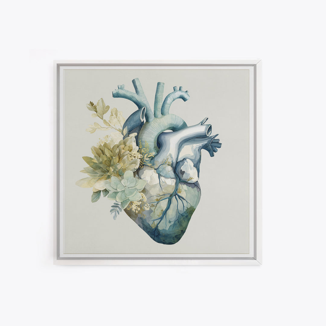 Anatomical Heart Rendered as Tasteful Botanical Art Canvas Print, Medical Office Art, Medical School, Office Decor, Calm, MOA-1x1-37