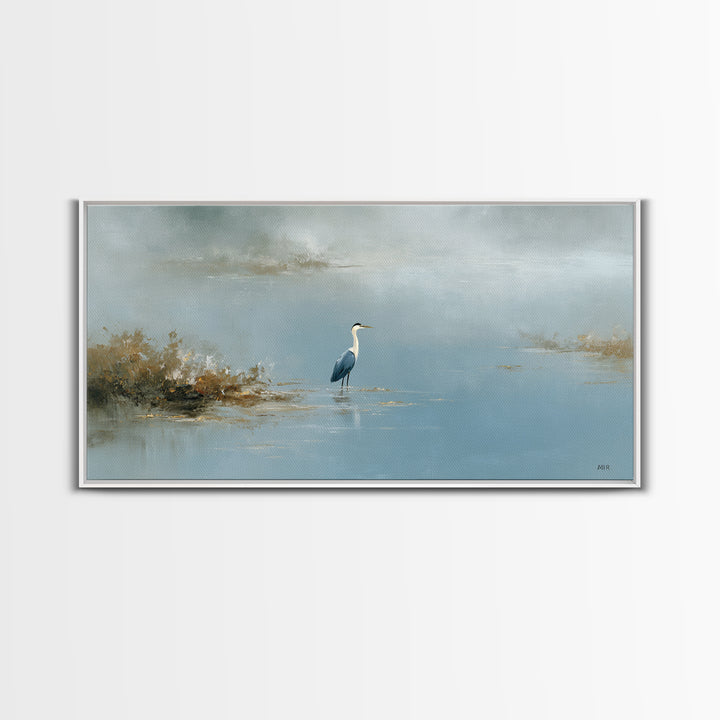 Blue Heron Standing Framed Canvas Print, Medical Office Art, Art Print, Office Decor, Calm, Printable Art, Minimalist Art, MOA-2x1-10